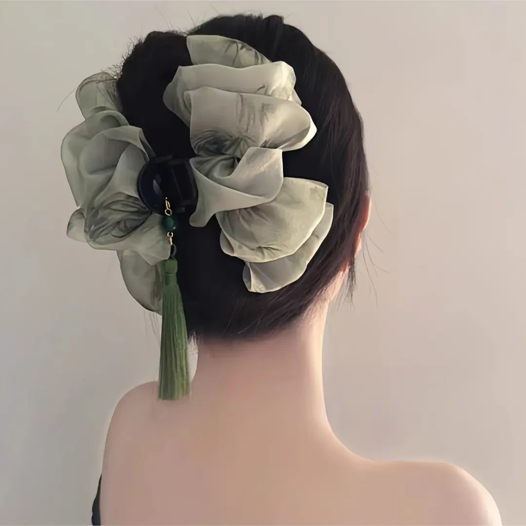 只此青绿复古流苏云朵网纱抓夹新中式气质时尚鲨鱼夹旅行发夹饰品
