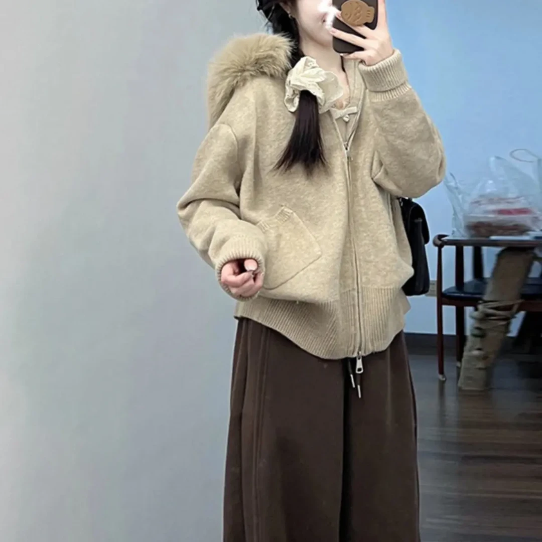 卡其色大毛领连帽毛衣外套女韩系慵懒风高级感独特好看＋裤子套装