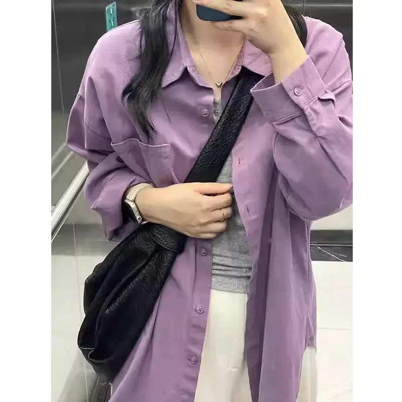 韩系风格穿搭紫色纯棉长袖衬衫男女款设计感宽松休闲气质衬衣外套