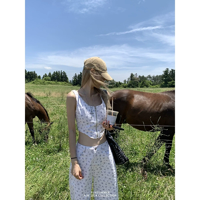 【清清！朴夏Pursummer】韩系印花吊带背心裤子两件套D21557PR42