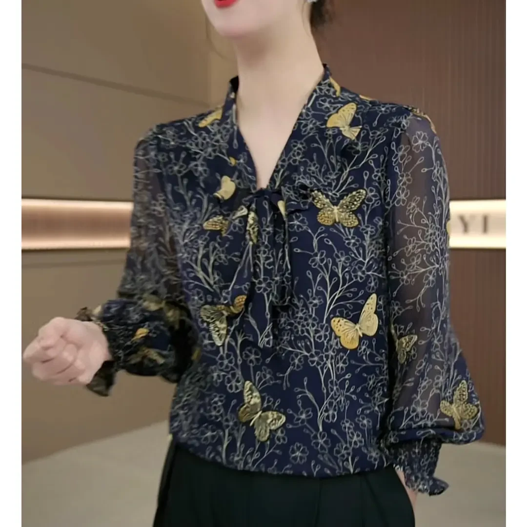 气质长袖法式衬衫2025新款优雅飘带小衫时尚显瘦碎花衬衣