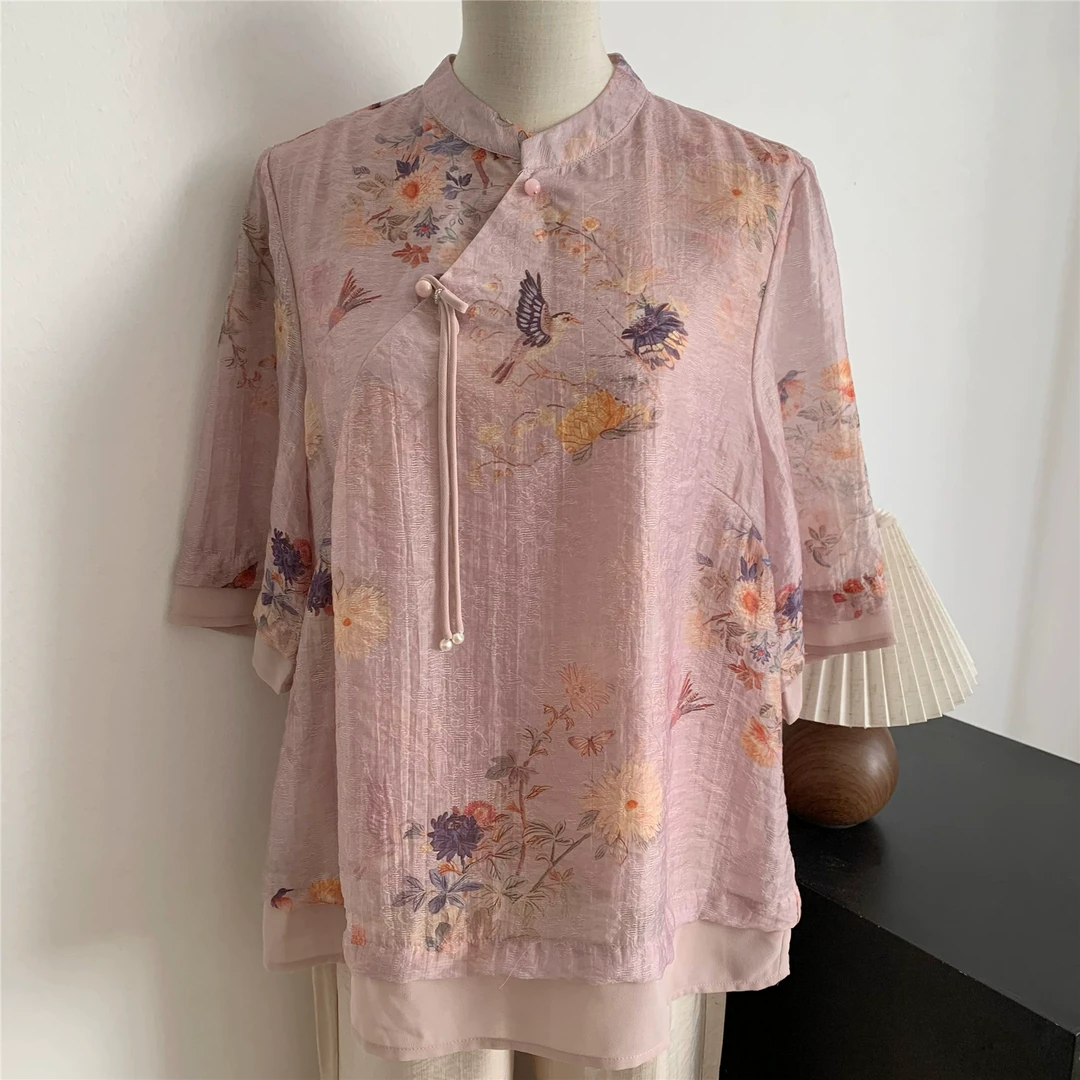 中老年女装高贵中年小衫妈妈衬衫浅色新中式夏装女装气质洋气上衣