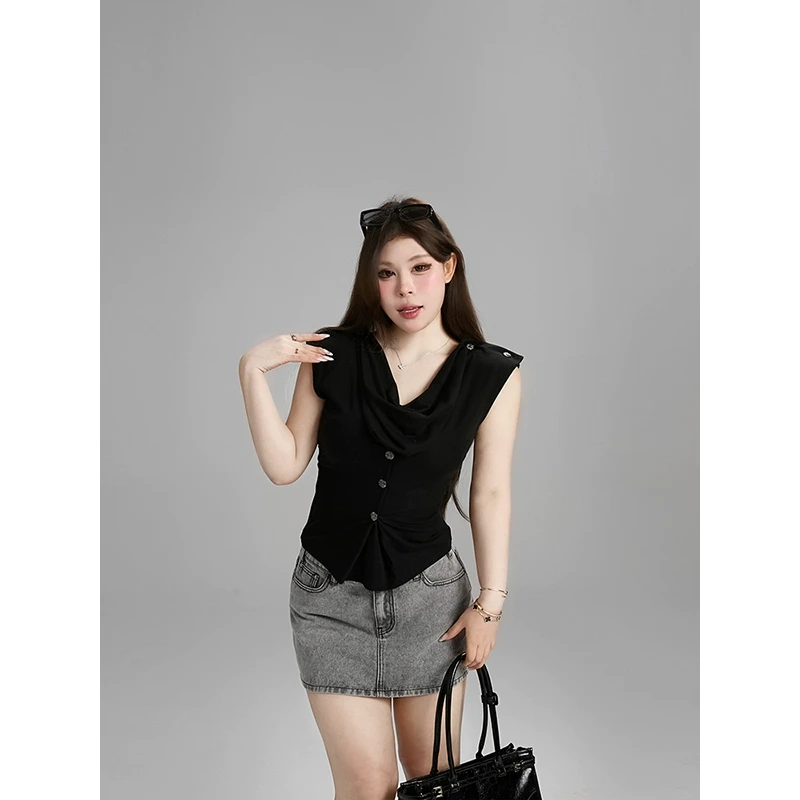 黑泽玄七砂洗灰牛仔早春“切角括号臀”带裤里辣模短裙环保再生纤维