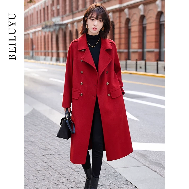 红色高端双面羊绒大衣女2024年韩版中长款双排扣羊毛呢大衣外套冬