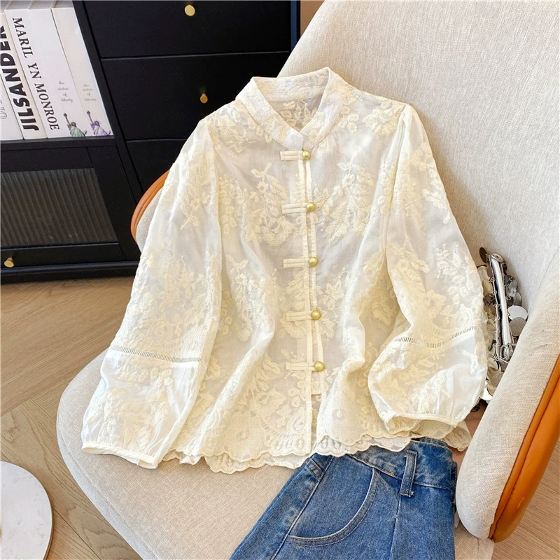 微胖妹妹大码2025春季新款中式盘扣气质长袖衬衫女减龄提花上衣潮