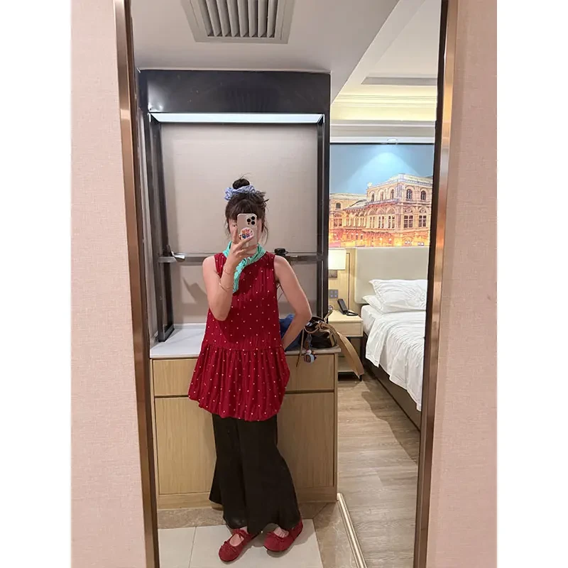 复古红色可爱褶皱圆领背心连衣裙夏季肌理感甜美小个子无袖短裙