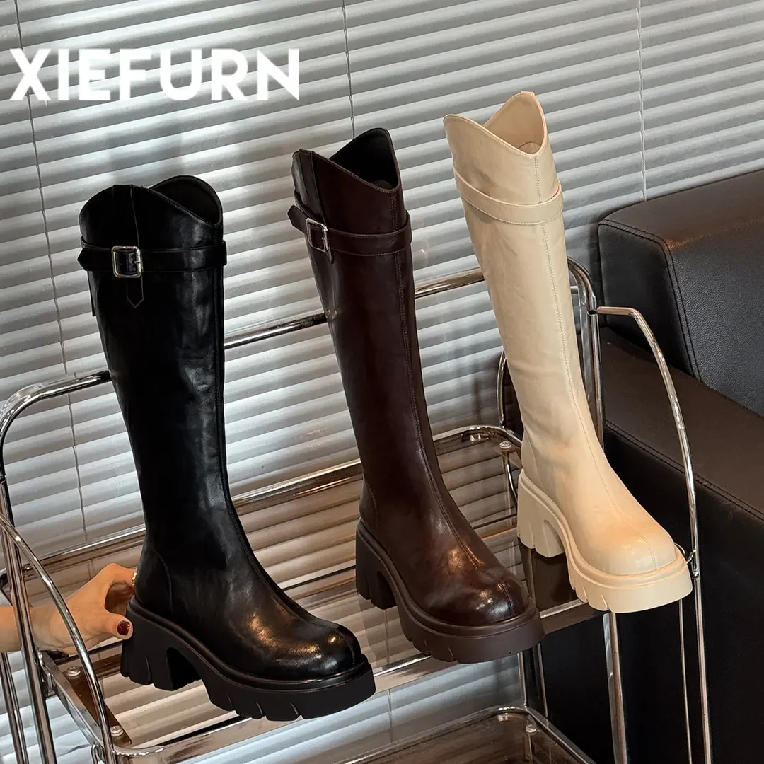 XIEFURN/鞋夫人秋季新款长筒靴不过膝厚底增高时装靴不掉筒骑士靴