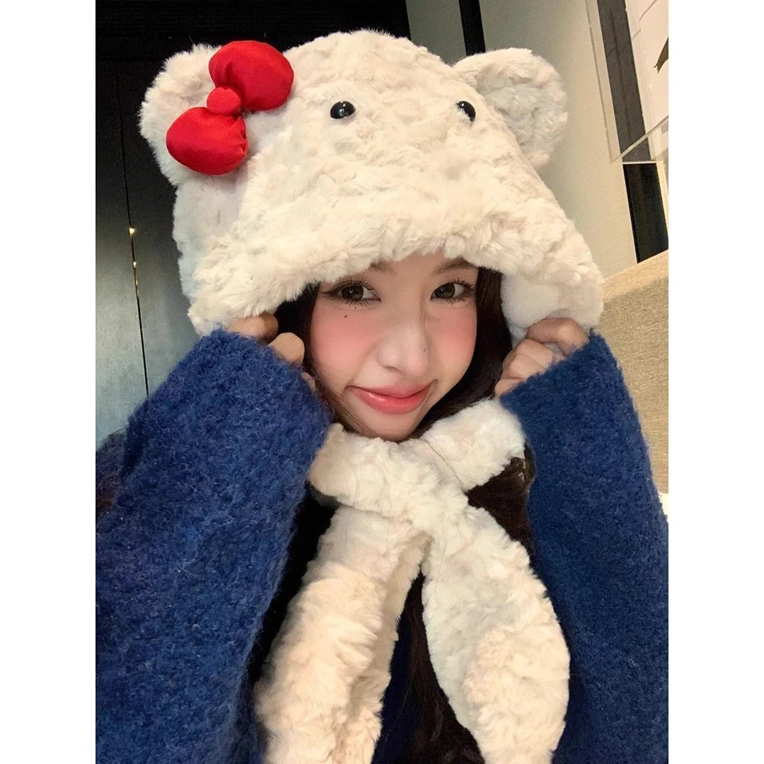 【奈奈】可爱蝴蝶结小熊毛绒加厚保暖护耳帽子围巾一体冬季雷锋帽女