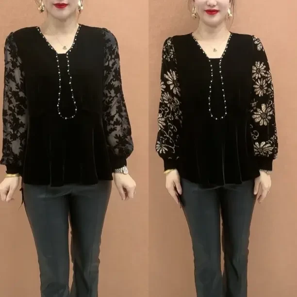 时尚新款百搭蕾丝盘扣大码长袖丝绒打底小衫