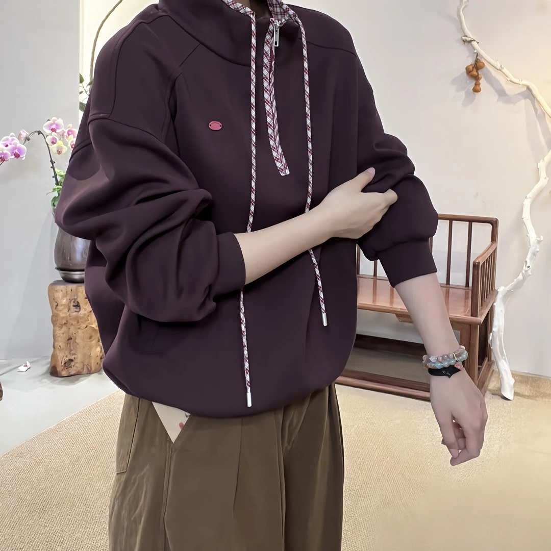 66752-保暖宽松型抽绳拼接格纹卫衣设计感女士春秋宽松