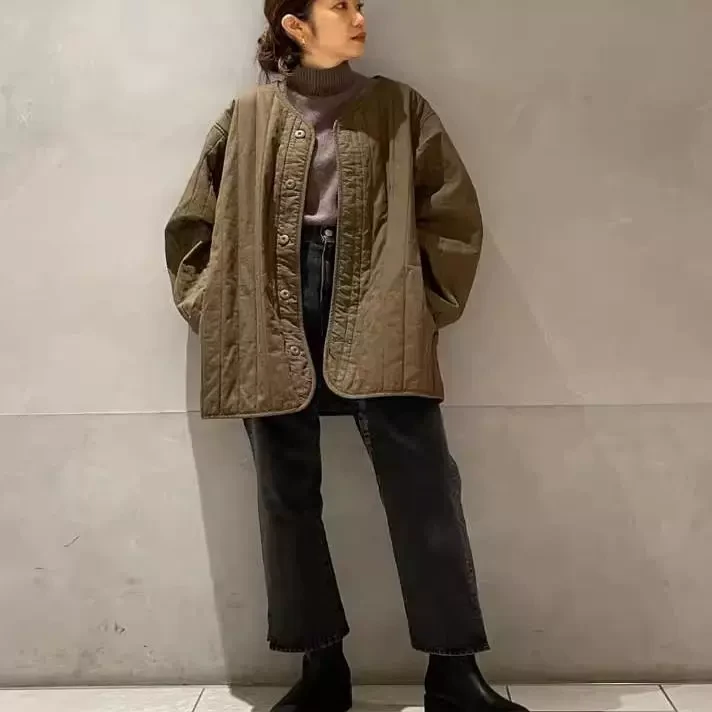 日单贵牌 女日系竖条绗缝 宽松棉服外套JF