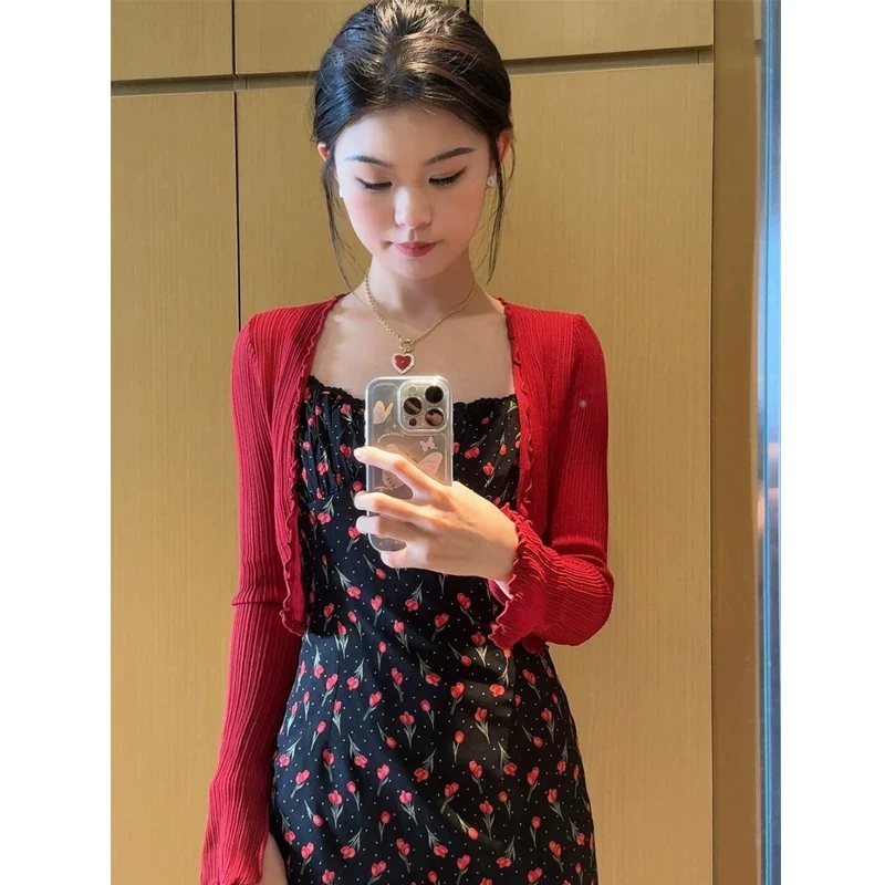 红色坎肩木耳边防晒开衫女冰丝披肩外搭配吊带裙空调罩衫薄款外套
