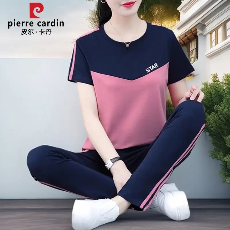 皮尔卡丹纯棉运动套装女2025新款夏季时尚妈妈拼接休闲运动两件套