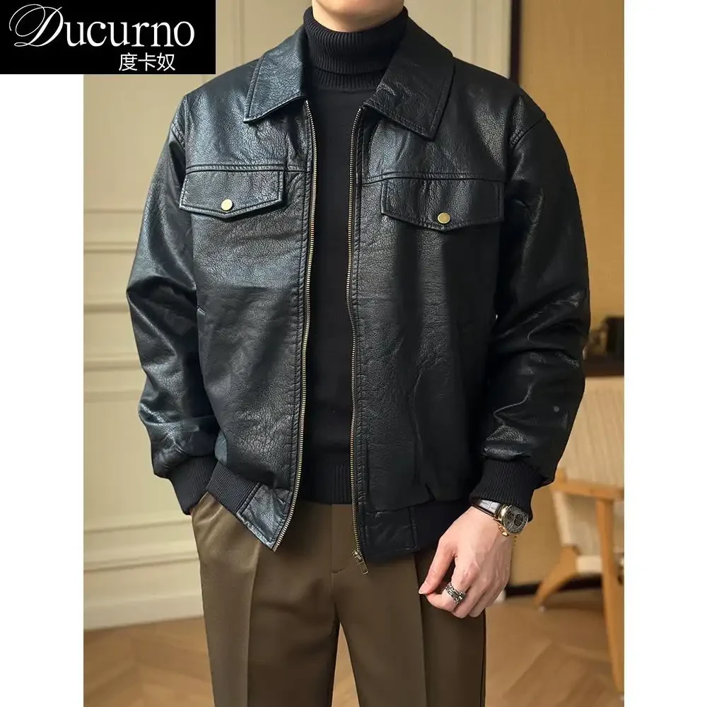 秋冬高级翻领PU皮衣夹克男冬季新款休闲口袋短款外套黑色机车男装