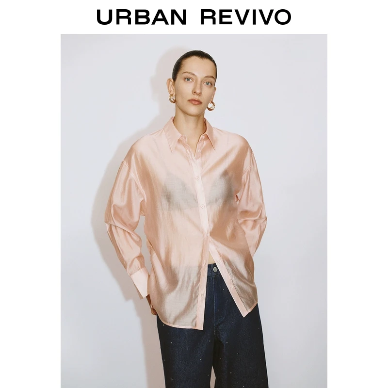 UR2025春季新款女装欧若风轻通勤风系带宽松开襟衬衫UWM250019