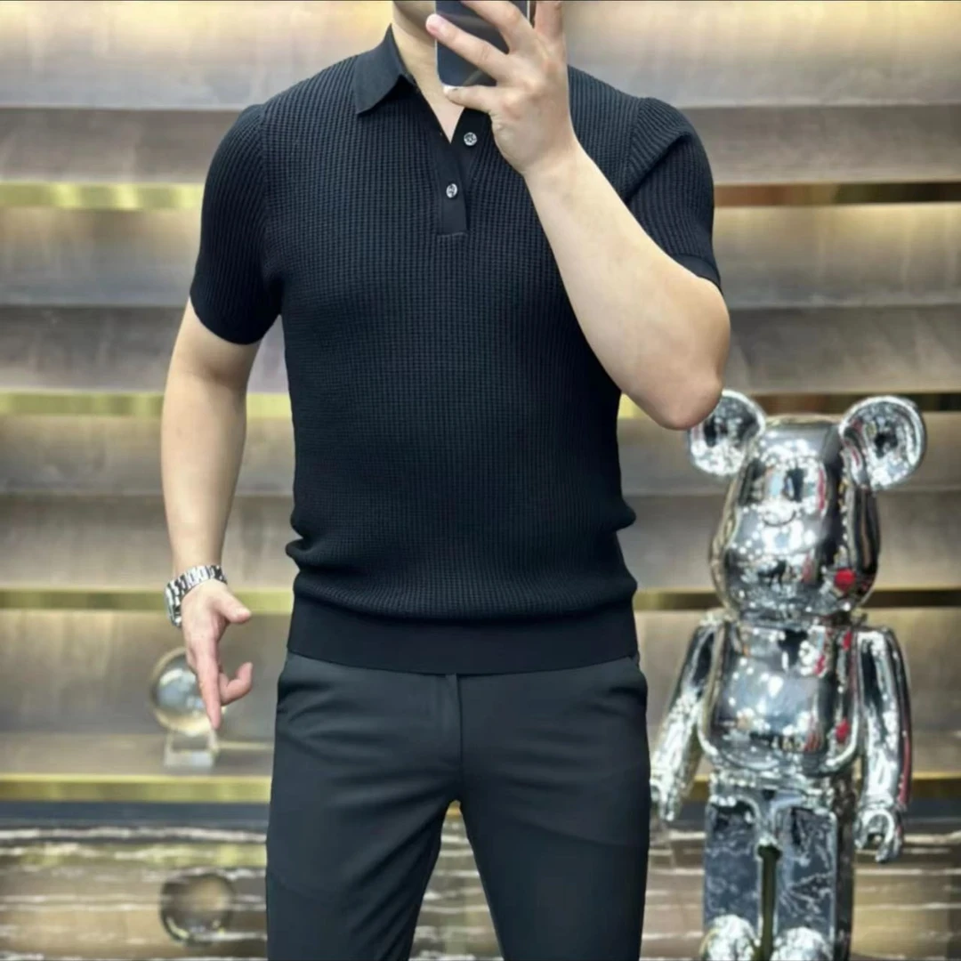 秋季新款短袖男士针织polo衫翻领休闲纯色修身高品质针织t恤男款