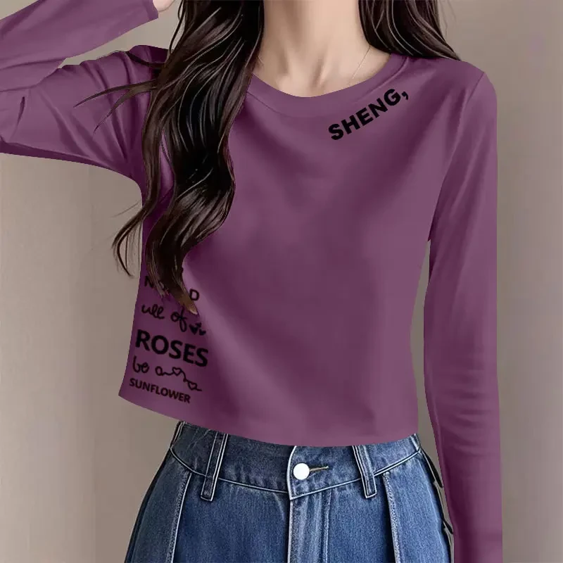 纯 棉薄款长袖打底衫t恤女春秋季时尚休闲百搭圆领通勤短款上衣服