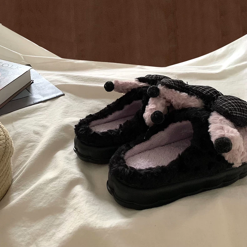 软萌可爱蝴蝶结厚底包头棉拖鞋女网红室内保暖踩屎感毛毛鞋ins潮