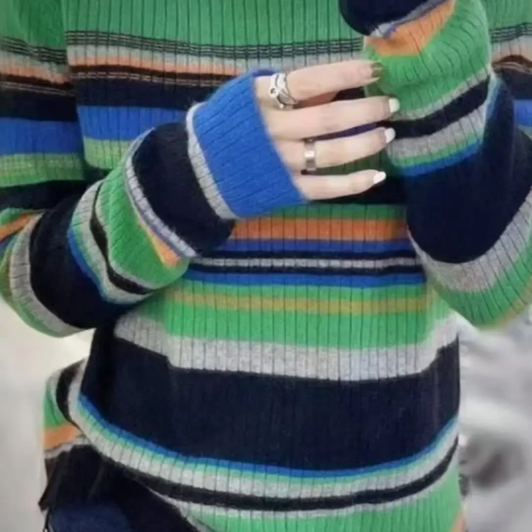 彩虹条纹半高领软糯针织打底衫女秋冬宽松百搭显瘦长袖毛衣上衣