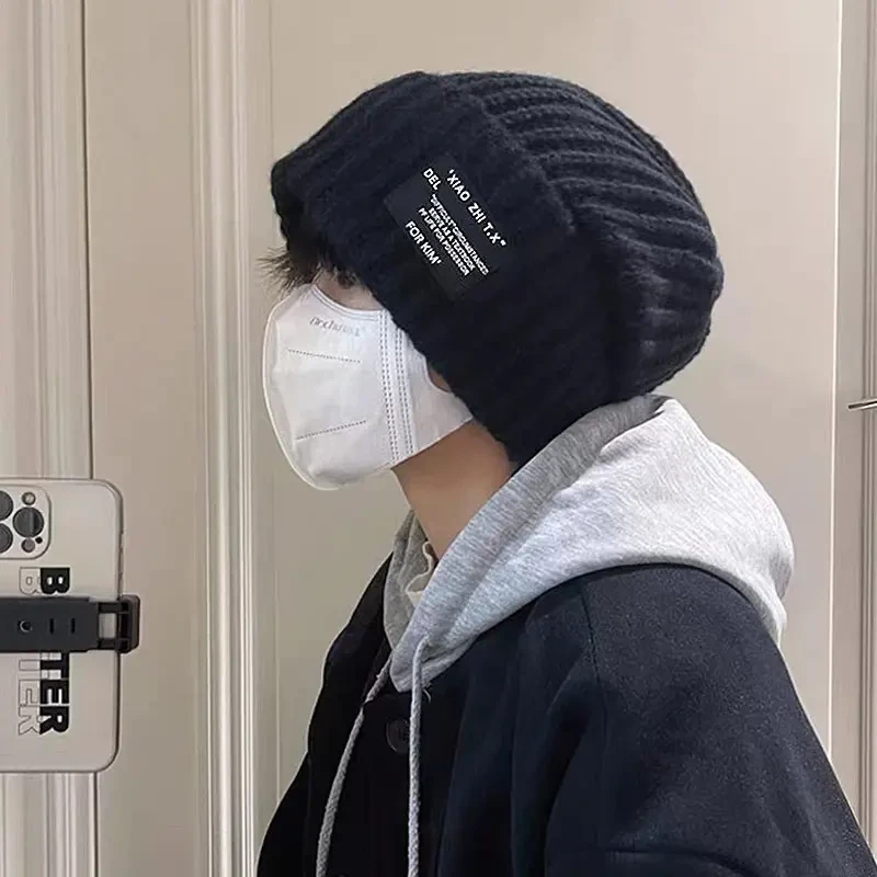 帽子男学生秋冬毛线帽女款保暖百搭冷帽大头围显脸小黑针织帽B495