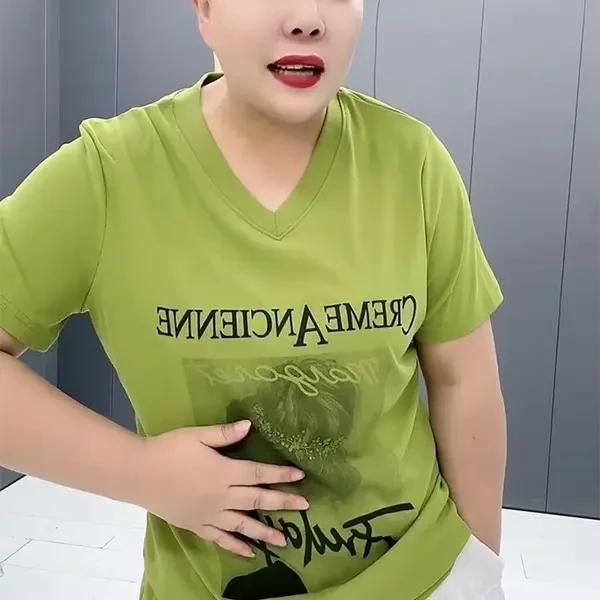 短袖大码胖mm宽松弹力时尚妈妈装洋气冰丝T恤2025流行短袖女款