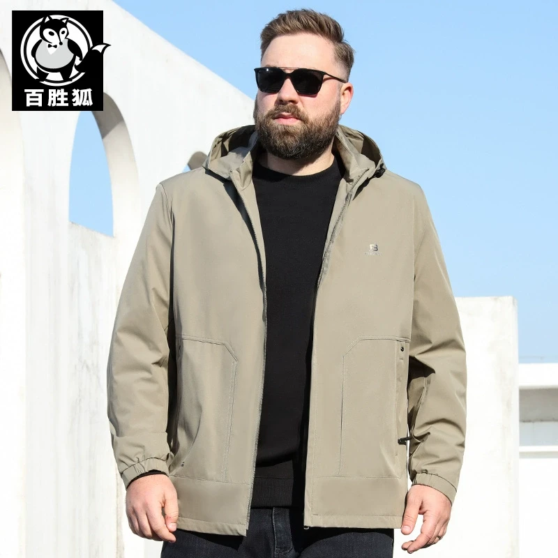 百胜狐大码男装夹克2025春秋季胖人加肥宽松行政连帽休闲工装外套