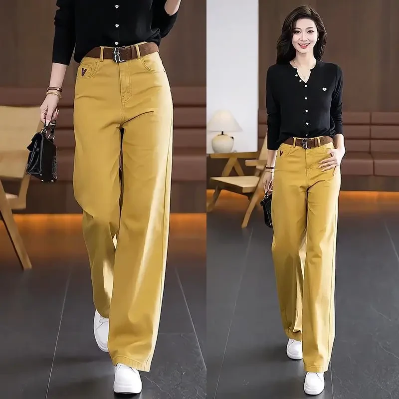 （送腰带）2025窄版黄色牛仔裤女秋冬直筒休闲高腰小个子阔腿裤显瘦