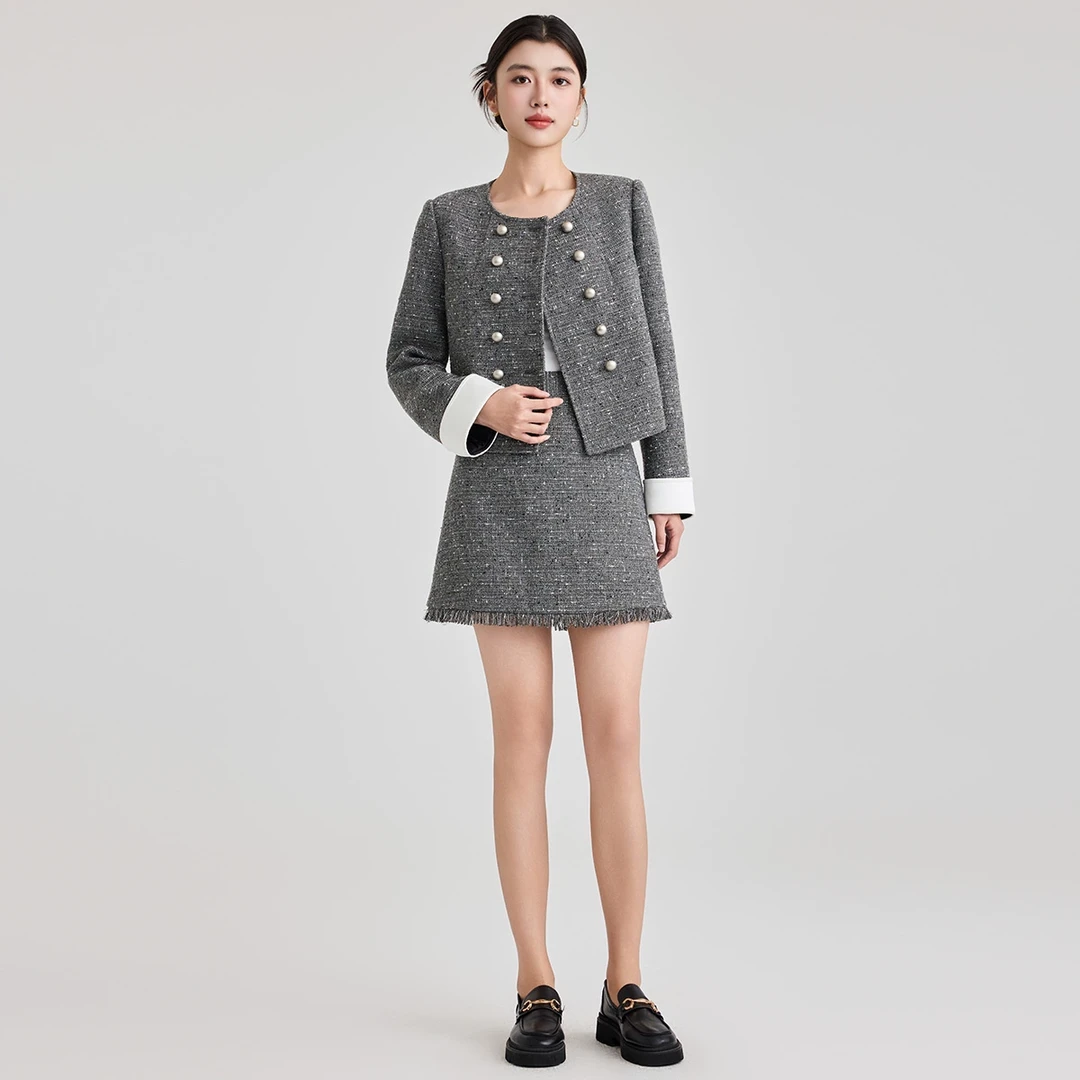 GOOBGS时尚气质百搭圆领双排扣短款上衣G5155054-6