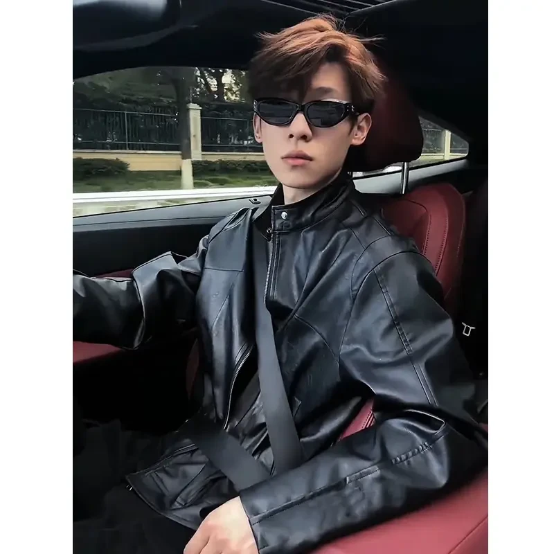 黑色立领哈灵顿PU皮衣夹克男款秋季高级感美式复古短款巴恩风外套