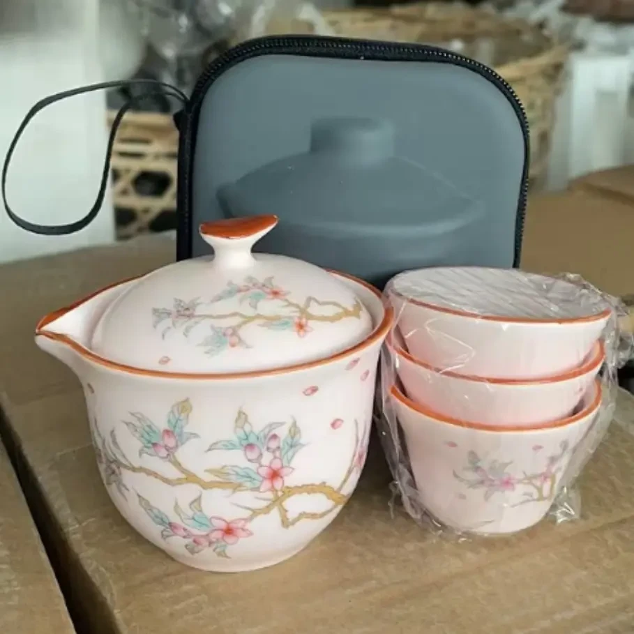 粉汝桃花快客壶三杯旅行茶具H227