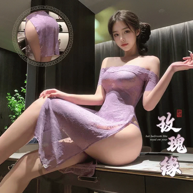 大码温柔风性感复古高开叉旗袍一字领抹胸裙蕾丝约会连衣裙女