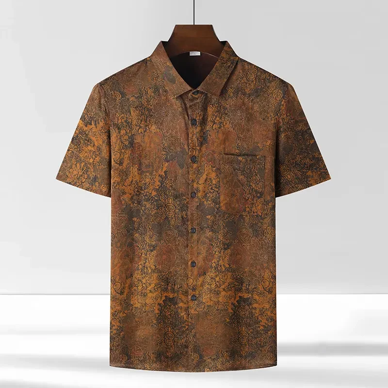 【香云纱】花萝短袖男士桑蚕丝衬衫夏季短袖男装丝绸真丝富贵满园