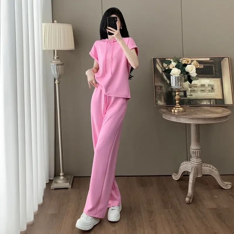 2025夏盐系穿搭休闲运动套装女洋气减龄粉色短袖上衣阔腿裤两件套