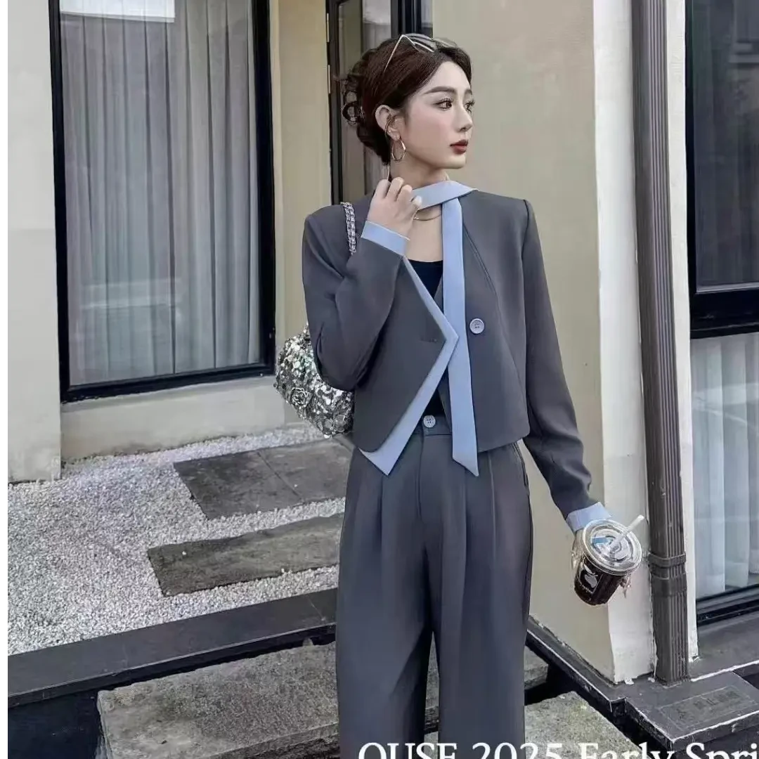 灰色拼接西装套装女通勤风小个子阔腿裤两件套春秋高级感西装穿搭