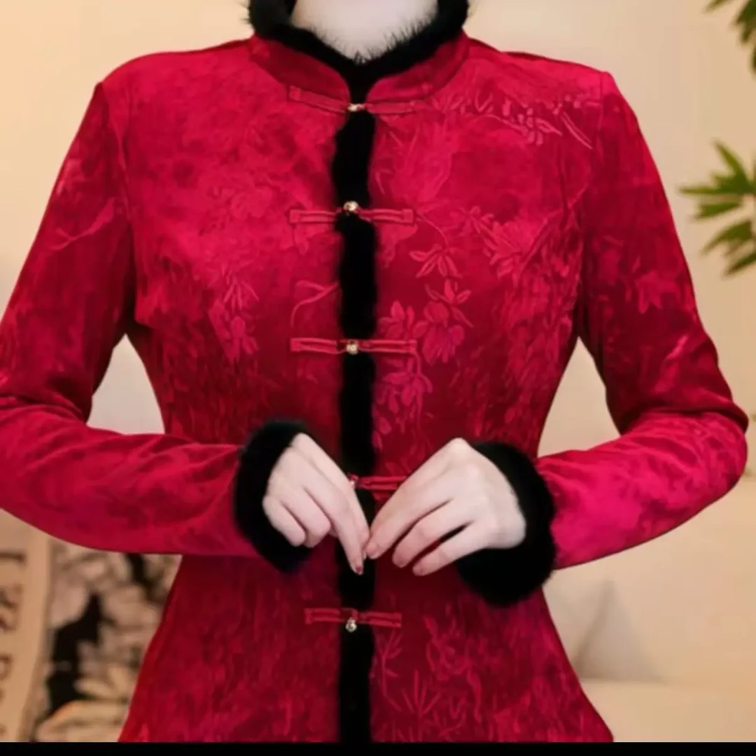 4066新中式提花加绒加厚国风复古毛边修身打底衫