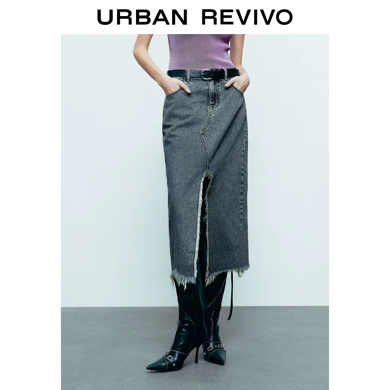 UR2025春季新品女装欧若风复古开衩毛须腰带牛仔半裙UYY850069