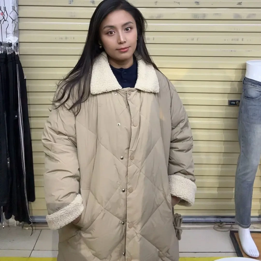 韩系加厚摇粒绒翻领中长款腰带收腰菱形格保暖