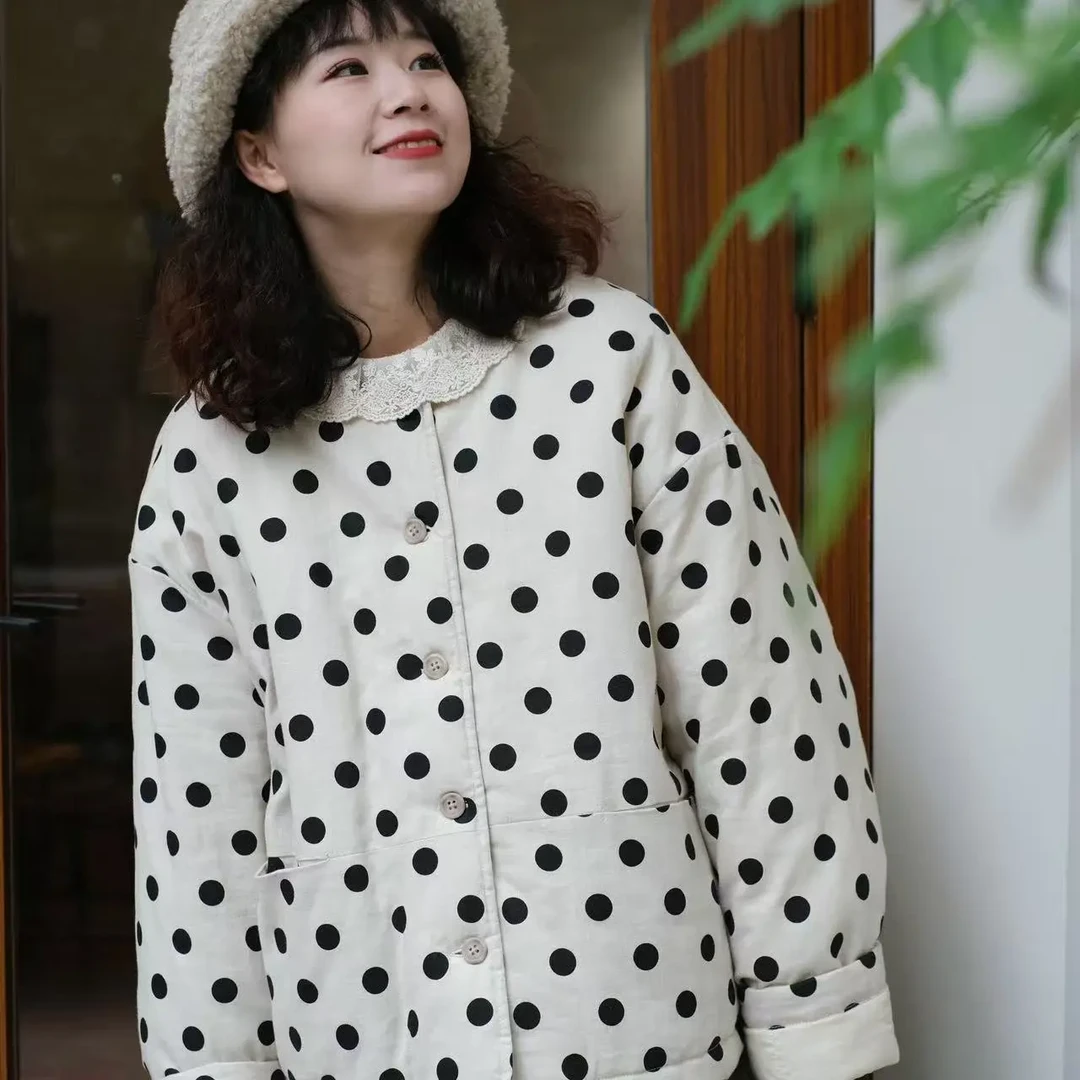 冬季新款日系波点夹棉圆领加厚保暖亚麻长袖棉衣棉服外套