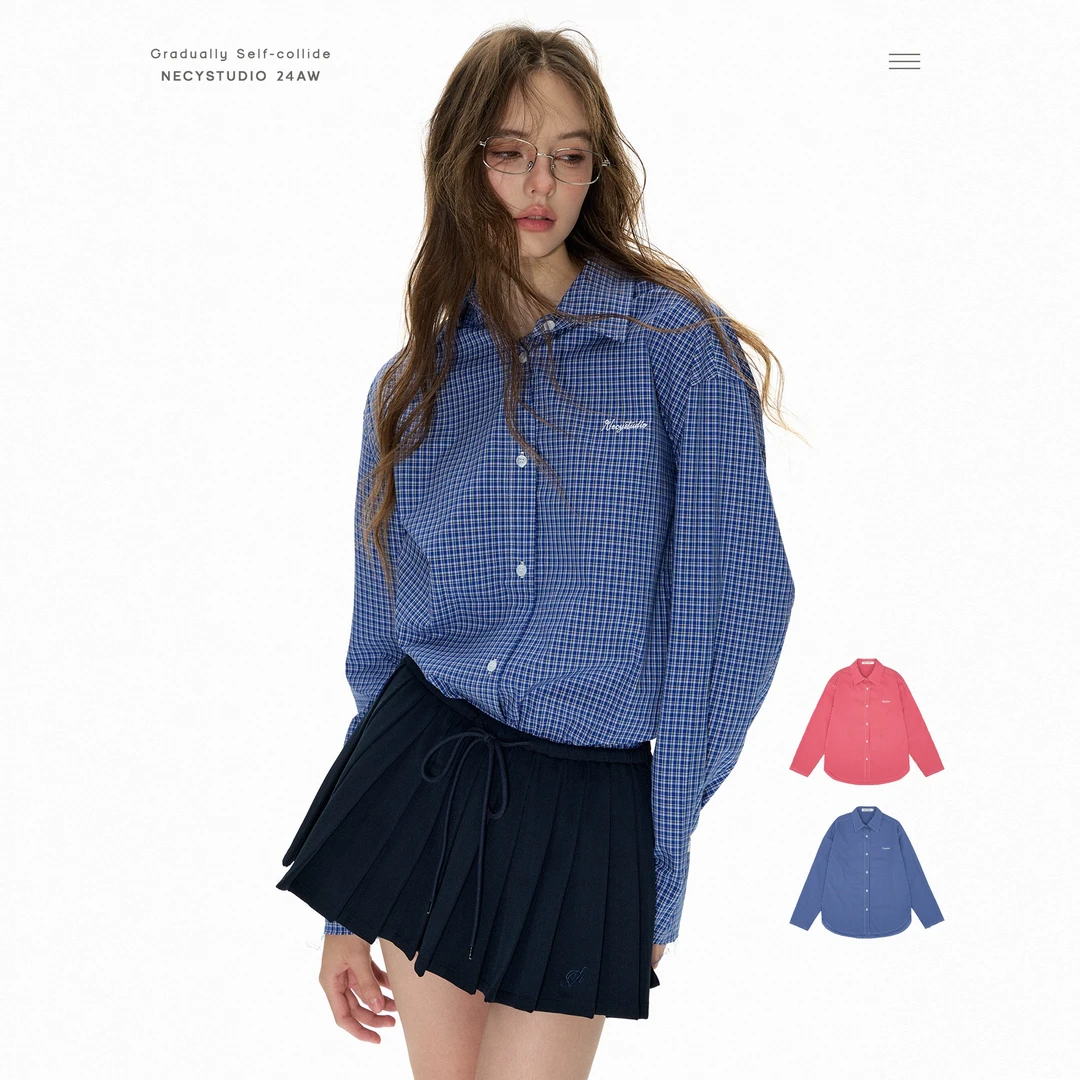 NECY【优等生】一粒扣毛边袖格纹衬衫秋季长袖上衣小个子衬衣外套