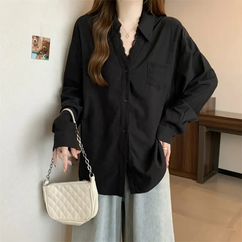 POLO领甜美衬衫蕾丝中长款韩版2025春装衬衫慵懒秋季宽松白色