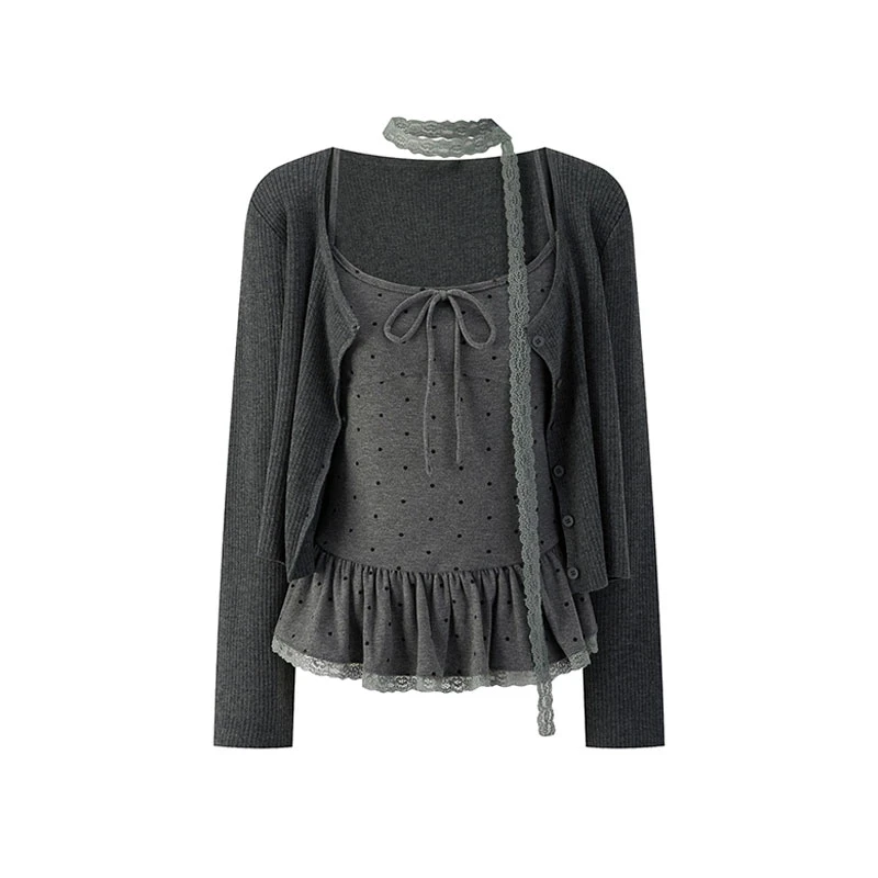 S-4XL早秋纯欲蕾丝波点荷叶边吊带背心开衫外套围脖两件套上衣女