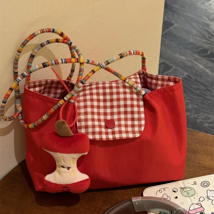 复古撞色红色帆布包女慵懒风上课通勤单肩托特包简约便捷手提包g