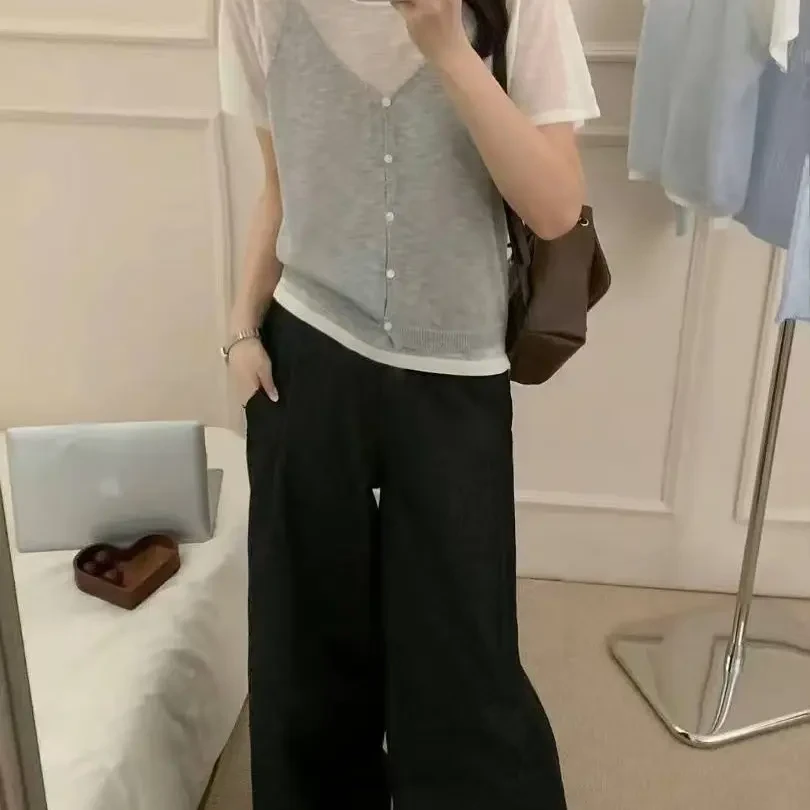 韩系设计感宽松针织短袖与吊带背心百搭休闲女士夏季上衣两件套