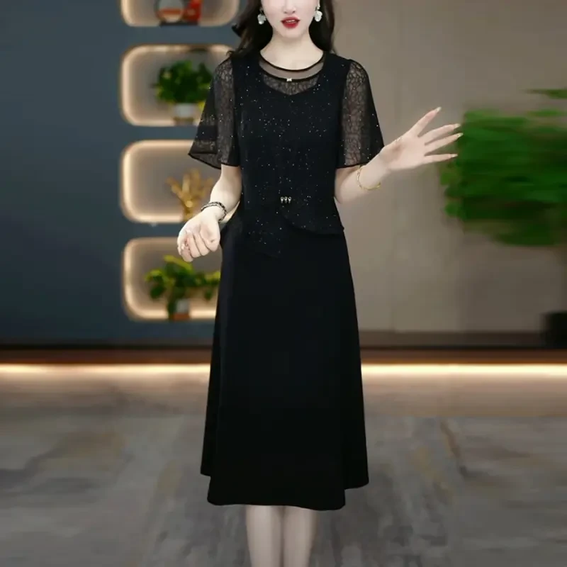 琉璃丝小香风轻奢女装2025夏季新款高级感黑色显瘦假两件连衣裙子