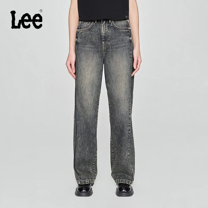 Lee25早春428舒适高腰直脚五袋款设计复古深蓝色女牛仔裤潮流