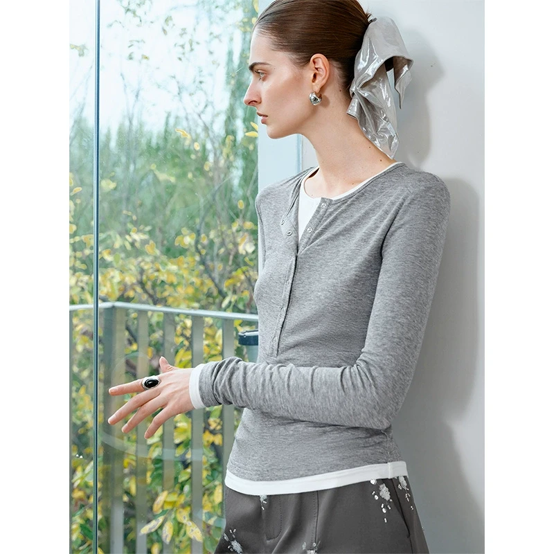 范思蓝恩ECHO轻奢系列假两件针织T恤春新款圆领套头T恤25FS11320