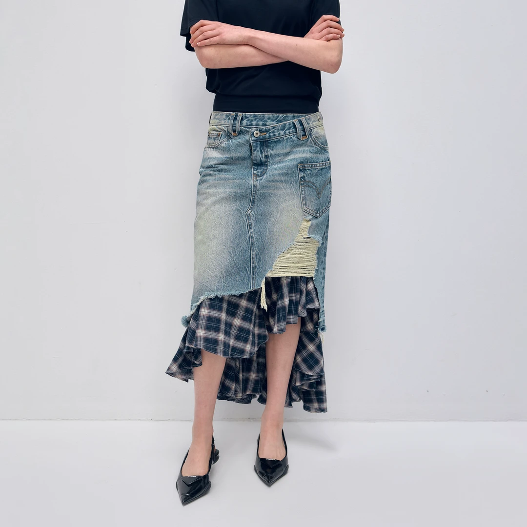 出逃赤岗西 原创不规则格纹拼接牛仔半身裙女低腰中长款a字鱼尾裙