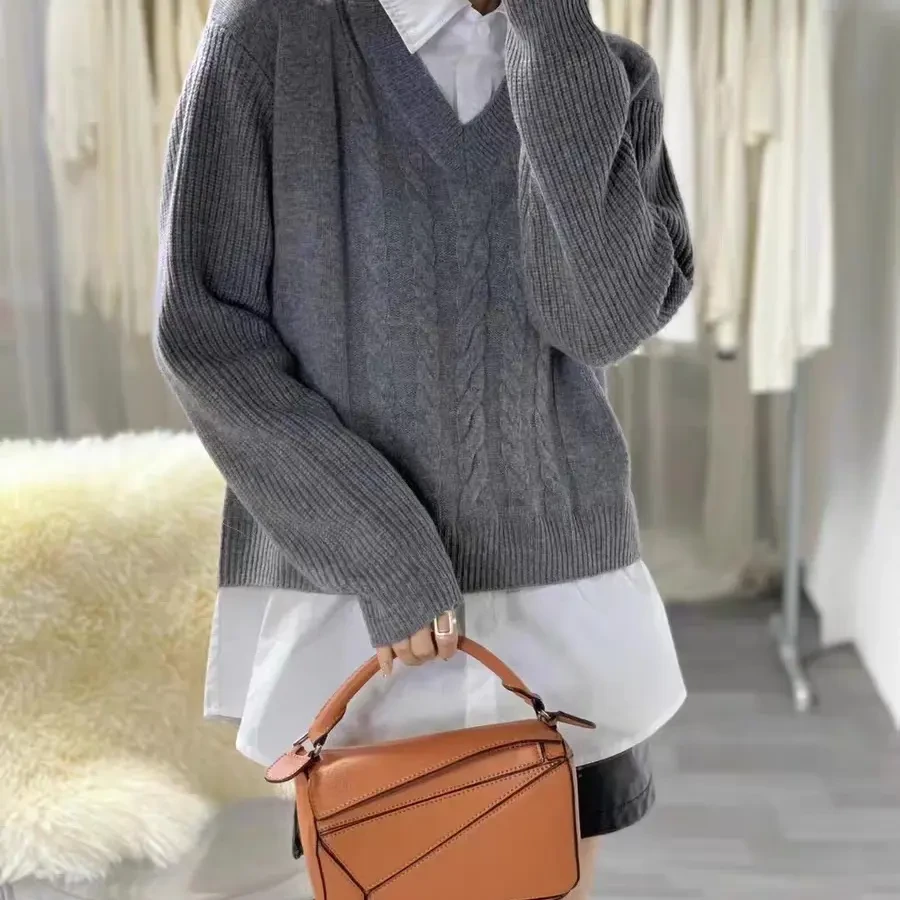 新款韩版v领假两件衬衫拼接麻花针织衫