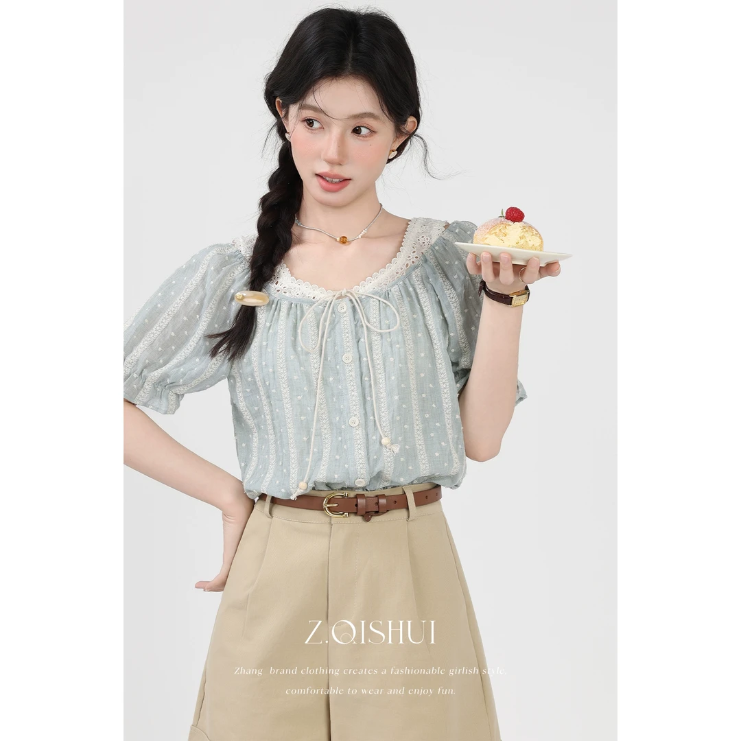 张汽水《澜岸时光》圆领气质条纹衬衫女设计感正肩短袖上衣NZ15729