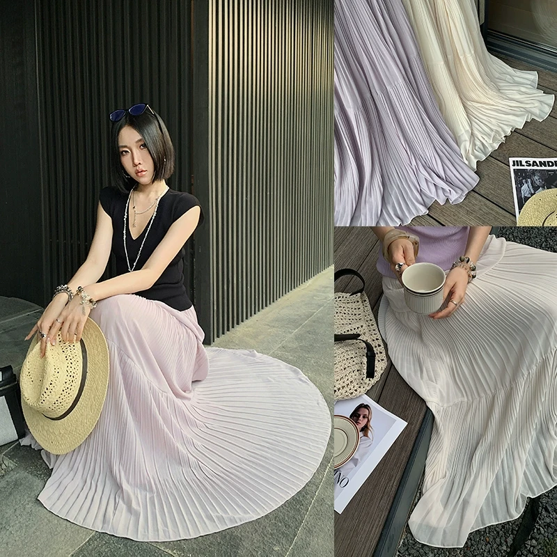 十三粥私服 莫兰迪舞曲 甜美压褶高腰仙女a字雪纺大摆伞半身长裙